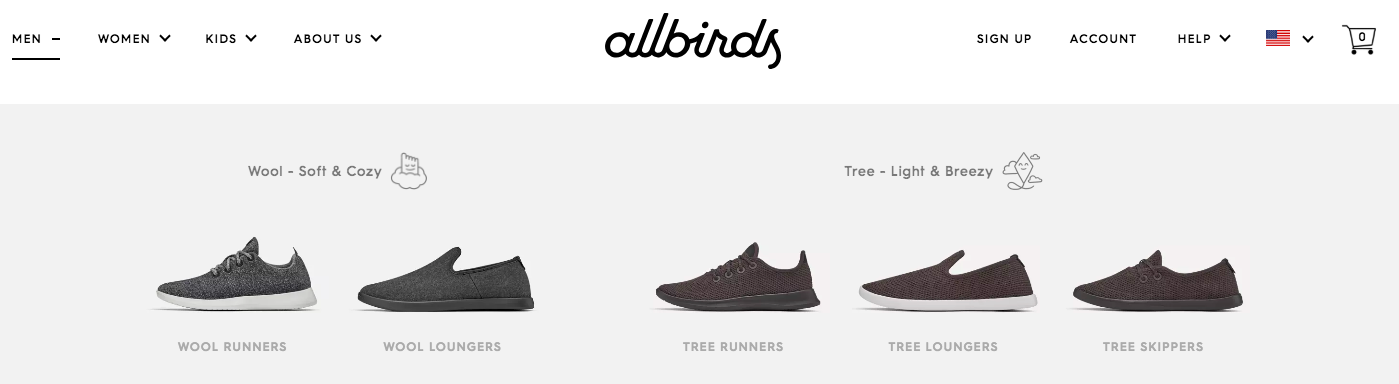 Information Architecture ecommerce - Allbirds products