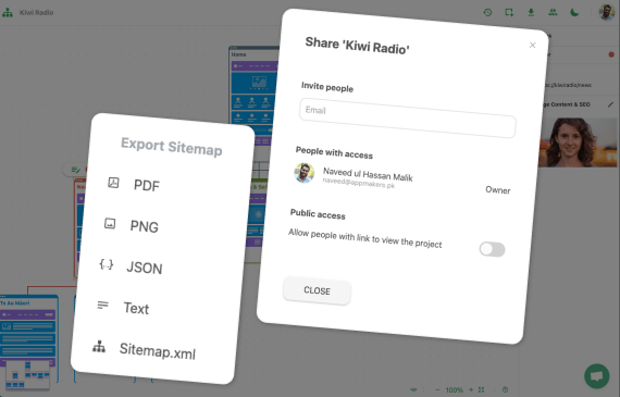sitemap export and sharing options